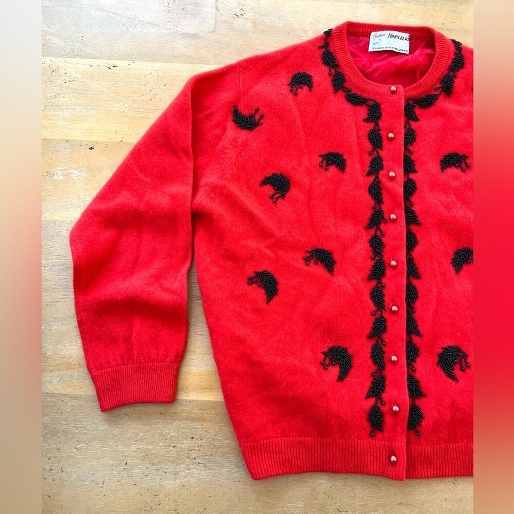 Vintage Original 1950s 60s Red Angora Lambswool Cardigan Beaded Sweater Medium - Picture 3 of 12